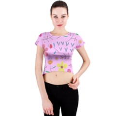 Pink Flowers Pattern Crew Neck Crop Top by Grandong