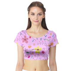 Pink Flowers Pattern Short Sleeve Crop Top by Grandong