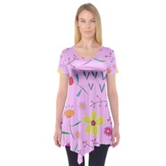 Pink Flowers Pattern Short Sleeve Tunic  by Grandong