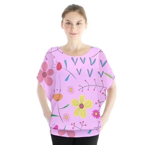 Pink Flowers Pattern Batwing Chiffon Blouse by Grandong