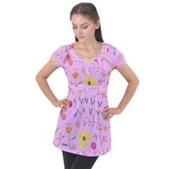 Pink Flowers Pattern Puff Sleeve Tunic Top by Grandong