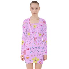 Pink Flowers Pattern V-neck Bodycon Long Sleeve Dress by Grandong