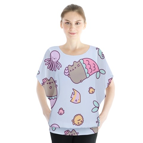 Pusheen Cat Cute Batwing Chiffon Blouse by Grandong