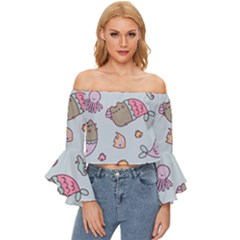 Pusheen Cat Cute Off Shoulder Flutter Bell Sleeve Top by Grandong