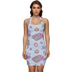 Pusheen Cat Cute Sleeveless Wide Square Neckline Ruched Bodycon Dress by Grandong