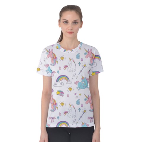 Unicorn Diamond Rainbow Shooting Star Women s Cotton T-shirt by Grandong