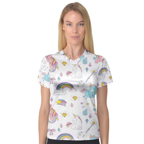 Unicorn Diamond Rainbow Shooting Star V-neck Sport Mesh T-shirt by Grandong