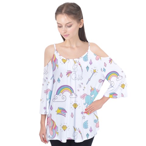 Unicorn Diamond Rainbow Shooting Star Flutter Sleeve T-shirt  by Grandong