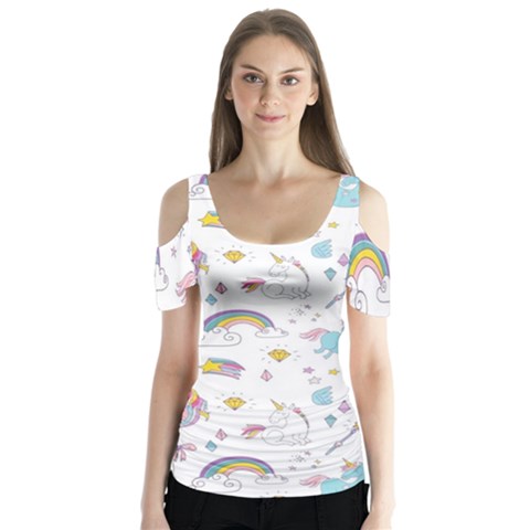 Unicorn Diamond Rainbow Shooting Star Butterfly Sleeve Cutout T-shirt  by Grandong