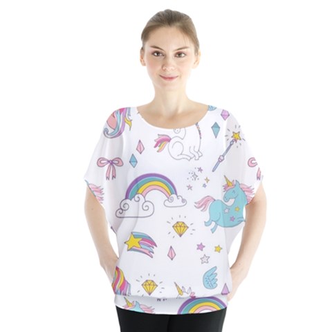 Unicorn Diamond Rainbow Shooting Star Batwing Chiffon Blouse by Grandong