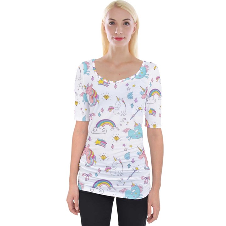 Unicorn Diamond Rainbow Shooting Star Wide Neckline T-Shirt