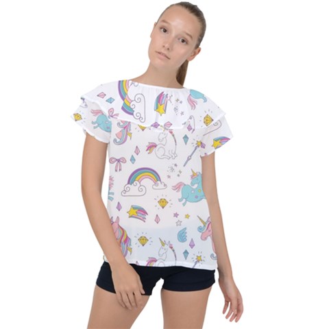 Unicorn Diamond Rainbow Shooting Star Ruffle Collar Chiffon Blouse by Grandong