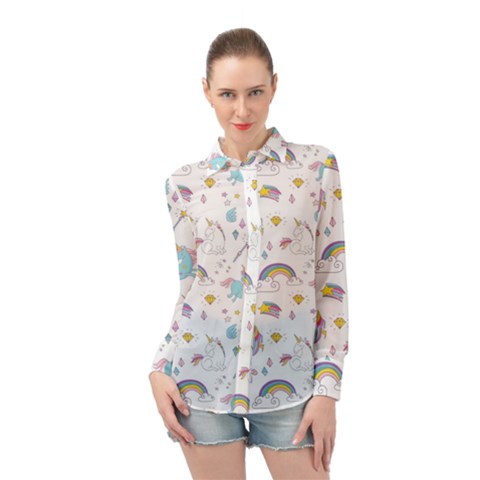 Unicorn Diamond Rainbow Shooting Star Long Sleeve Chiffon Shirt by Grandong