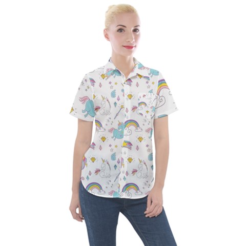 Unicorn Diamond Rainbow Shooting Star Women s Short Sleeve Pocket Shirt by Grandong