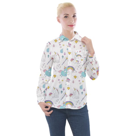 Unicorn Diamond Rainbow Shooting Star Women s Long Sleeve Pocket Shirt by Grandong