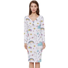 Unicorn Diamond Rainbow Shooting Star Long Sleeve V-neck Bodycon Dress  by Grandong