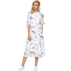 Unicorn Diamond Rainbow Shooting Star Bow Sleeve Chiffon Midi Dress by Grandong