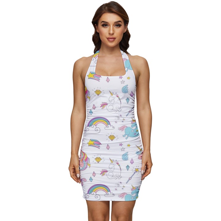 Unicorn Diamond Rainbow Shooting Star Sleeveless Wide Square Neckline Ruched Bodycon Dress