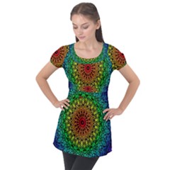 Rainbow Mandala Abstract Pastel Pattern Puff Sleeve Tunic Top by Grandong