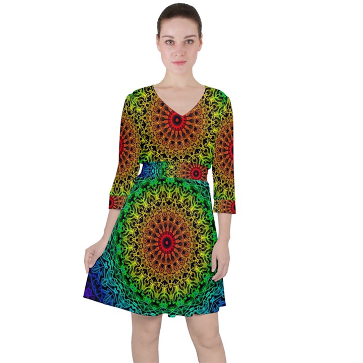 Rainbow Mandala Abstract Pastel Pattern Quarter Sleeve Ruffle Waist Dress