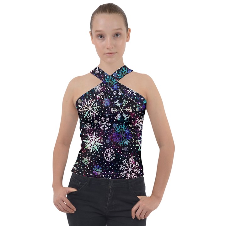 Shiny Winter Snowflake Cross Neck Velour Top