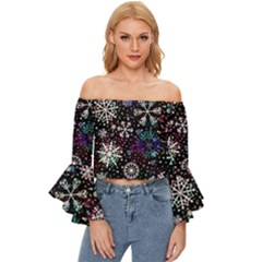 Shiny Winter Snowflake Off Shoulder Flutter Bell Sleeve Top by Grandong