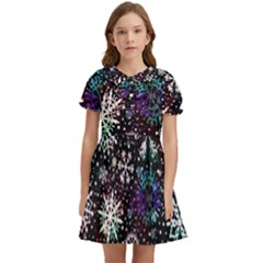 Shiny Winter Snowflake Kids  Bow Tie Puff Sleeve Dress by Grandong