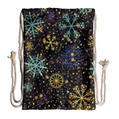 Gold Teal Snowflakes Drawstring Bag (large) by Grandong