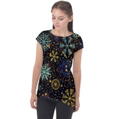 Gold Teal Snowflakes Cap Sleeve High Low Top by Grandong