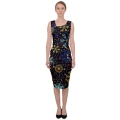 Gold Teal Snowflakes Sleeveless Pencil Dress by Grandong