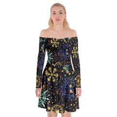 Gold Teal Snowflakes Off Shoulder Skater Dress by Grandong