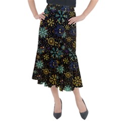 Gold Teal Snowflakes Midi Mermaid Skirt by Grandong