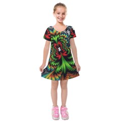 Kaleidoscopic Tropic Kids  Short Sleeve Velvet Dress by Grandong