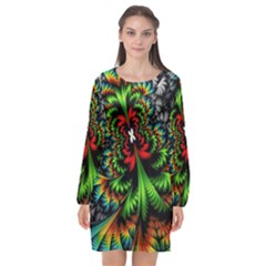 Kaleidoscopic Tropic Long Sleeve Chiffon Shift Dress  by Grandong