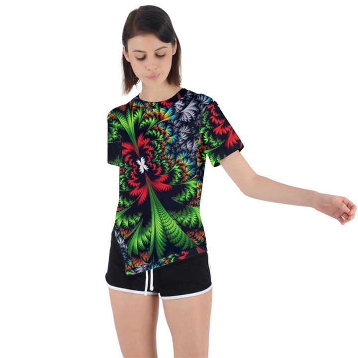 Kaleidoscopic Tropic Asymmetrical Short Sleeve Sports T-Shirt