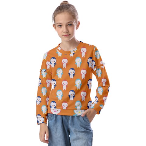 Cute Penguin Funny Pattern Kids  Long Sleeve T-shirt With Frill  by Grandong