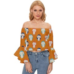 Cute Penguin Funny Pattern Off Shoulder Flutter Bell Sleeve Top by Grandong