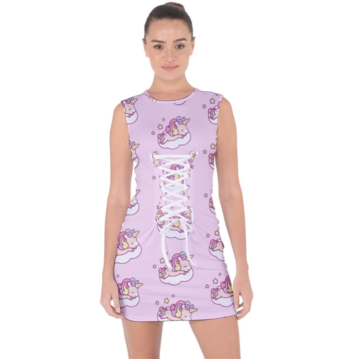 Unicorn Clouds Colorful Cute Pattern Sleepy Lace Up Front Bodycon Dress