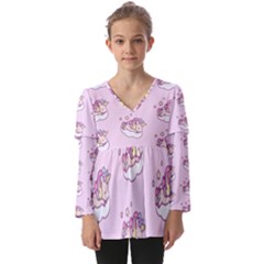 Unicorn Clouds Colorful Cute Pattern Sleepy Kids  V Neck Casual Top by Grandong