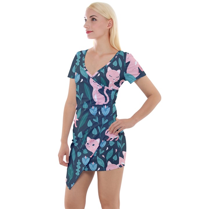 Cat Cute Flowers Leaves Pattern Short Sleeve Asymmetric Mini Dress