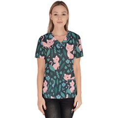 Cat Cute Flowers Leaves Pattern Women s V-neck Scrub Top by Grandong