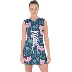 Cat Cute Flowers Leaves Pattern Lace Up Front Bodycon Dress by Grandong