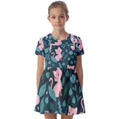 Cat Cute Flowers Leaves Pattern Kids  Short Sleeve Pinafore Style Dress by Grandong