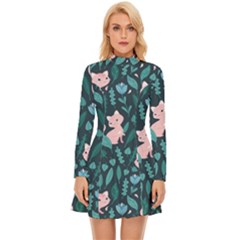 Cat Cute Flowers Leaves Pattern Long Sleeve Velour Longline Dress by Grandong