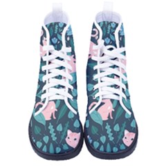 Cat Cute Flowers Leaves Pattern Men s High-top Canvas Sneakers by Grandong