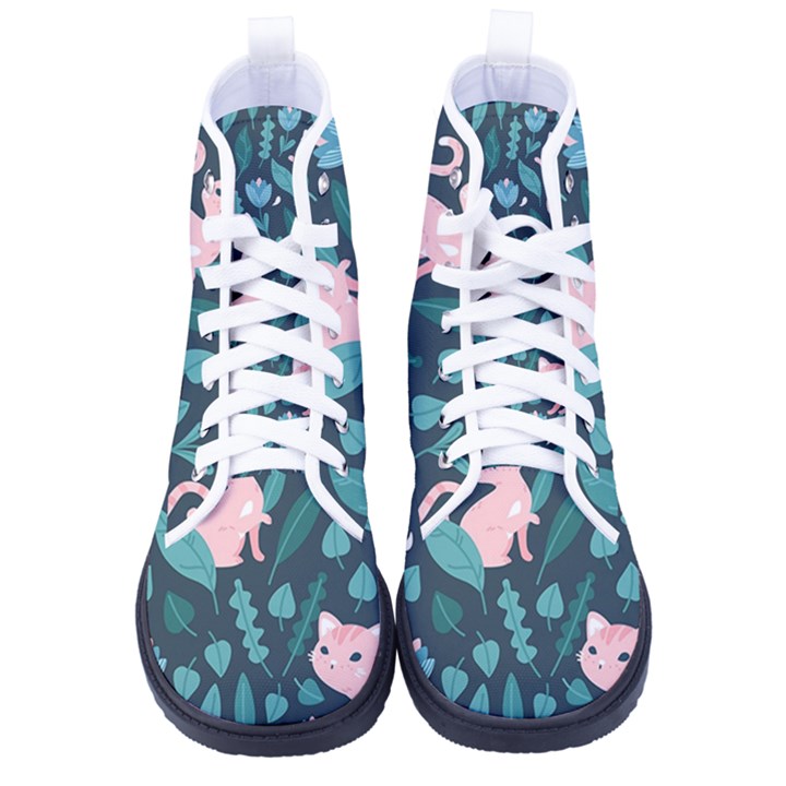 Cat Cute Flowers Leaves Pattern Men s High-Top Canvas Sneakers