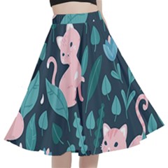 Cat Cute Flowers Leaves Pattern A-line Full Circle Midi Skirt With Pocket by Grandong