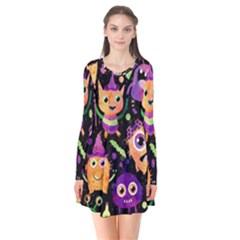 Fun Halloween Monsters Long Sleeve V-neck Flare Dress by Grandong