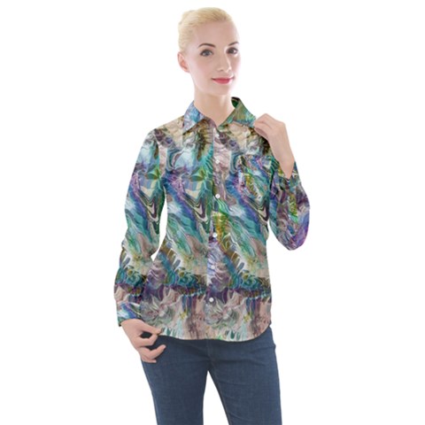 Flowing Patterns Women s Long Sleeve Pocket Shirt by kaleidomarblingart