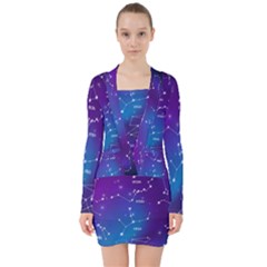 Realistic Night Sky Poster With Constellations V-neck Bodycon Long Sleeve Dress by Grandong